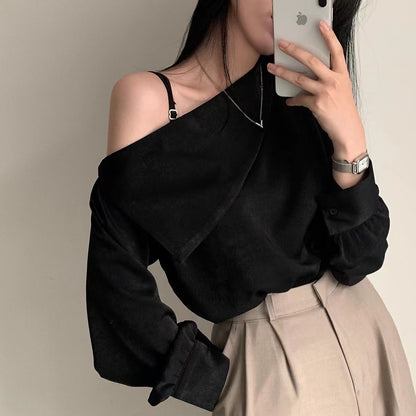 Korean Style High-grade Shirt Beveled Shoulder Off-shoulder Collar