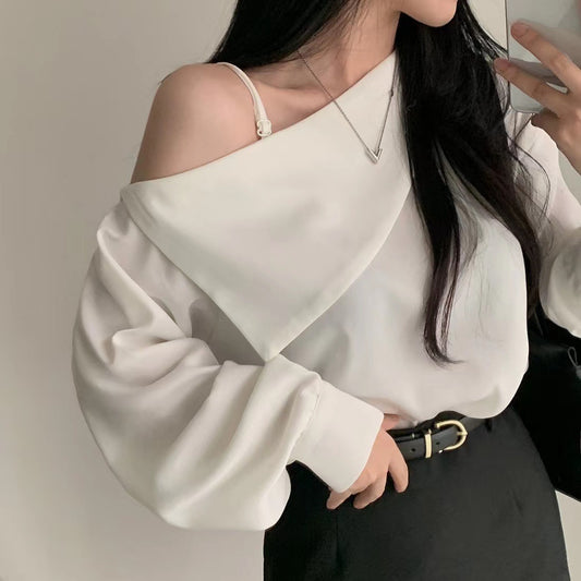 Korean Style High-grade Shirt Beveled Shoulder Off-shoulder Collar