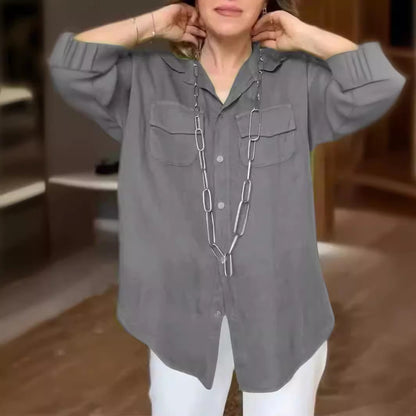 Solid Color Long Sleeve Pocket Shirt For Women