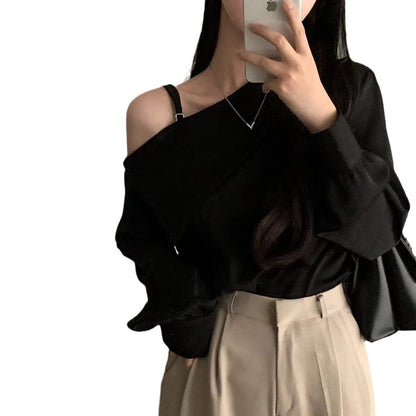 Korean Style High-grade Shirt Beveled Shoulder Off-shoulder Collar