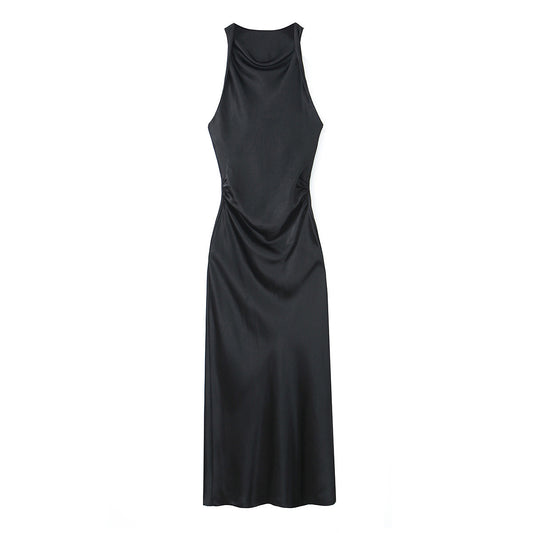 Women's Fashion Sleeveless Pleated Waist Tight Silk Satin Dress