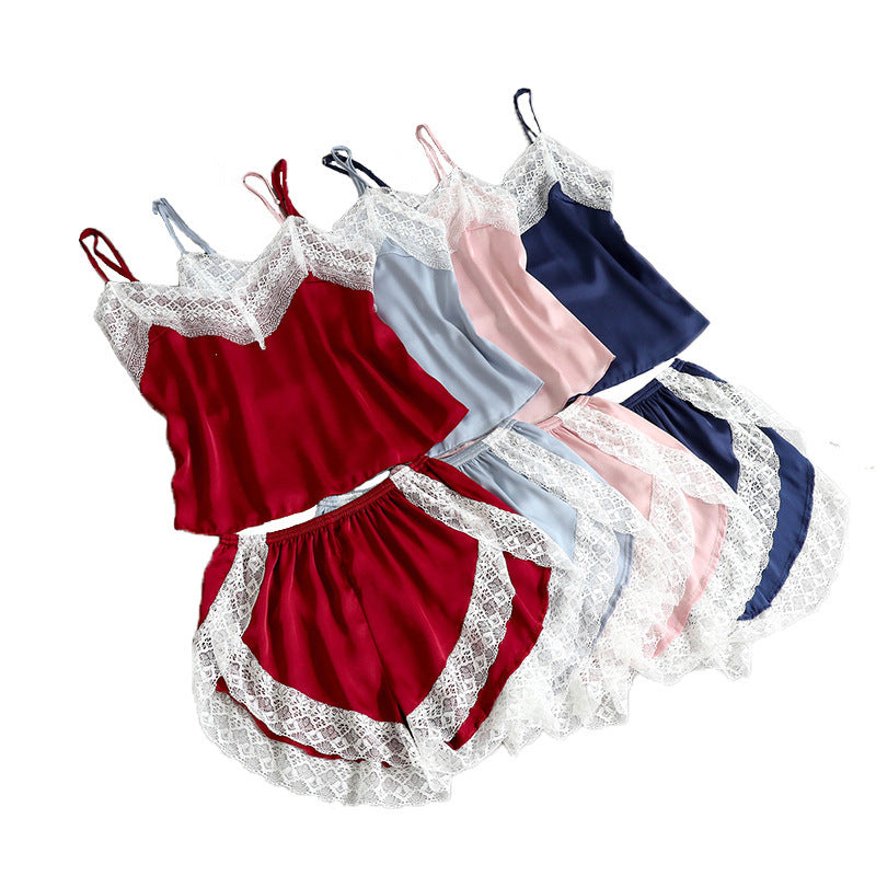 Lace Silk Suspender Shorts Pajamas