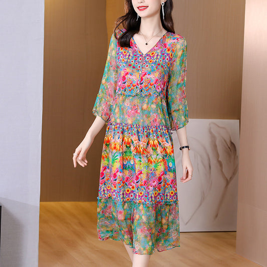 Women's Loose Print Silk Maxi Dress