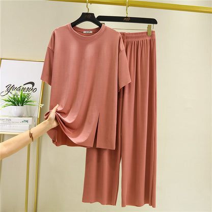 Loose Summer Women's Ice Silk Thread Mask Short Sleeve Slit Pajamas