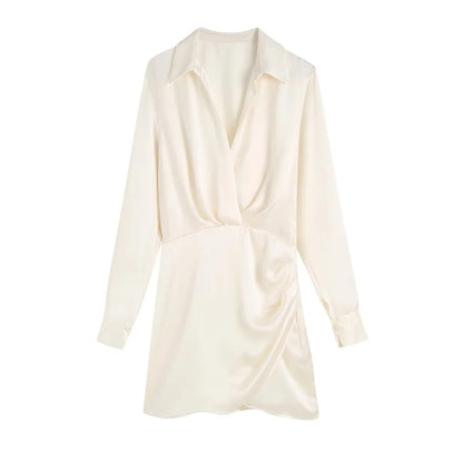 Women's Fashionable Silk Satin Pleated Solid Color Dress