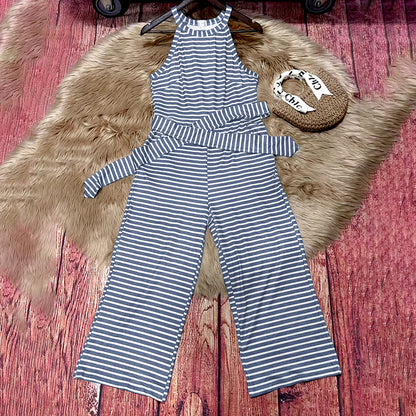 Womens Casual Striped Jumpsuits Summer Cap Sleeve Wide Leg Jumper Romper Button Down Travel Beach Outfits