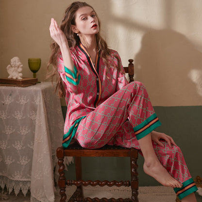 Women's New Long Sleeve Ice Silk Pajamas Set