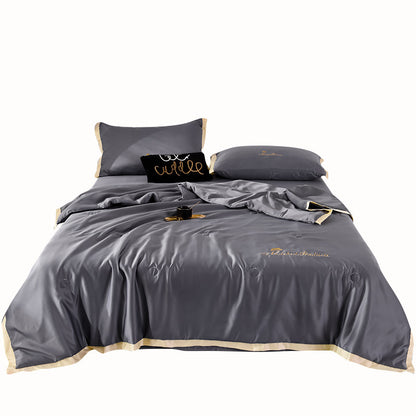 Simple Sheet Fitted Sheet Solid Color Embroidery Washed Silk Summer Quilt Set
