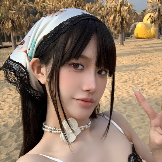 Lace Stitching Silk Texture Hair Band Triangle Shawl