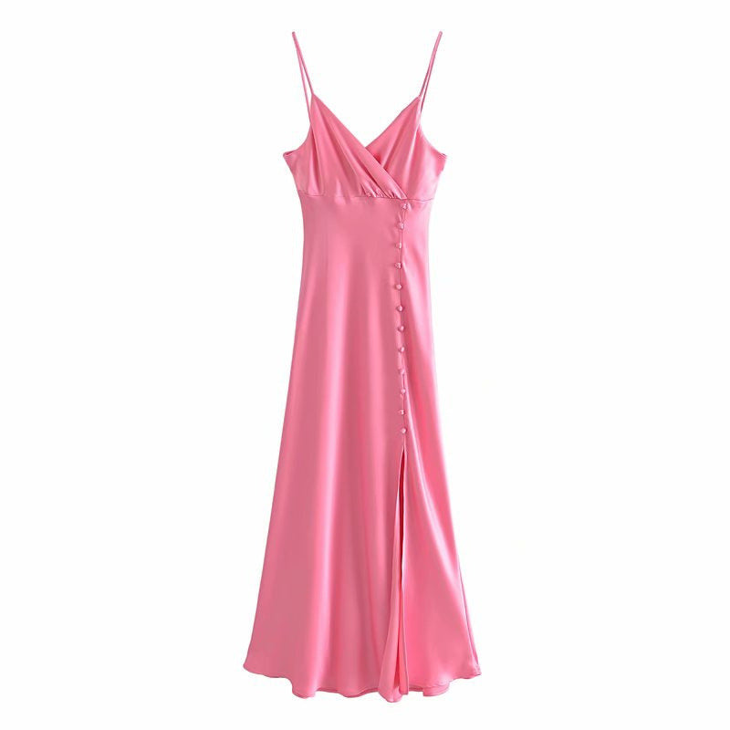 Silk Texture Suspenders Sexy Split Long Dress