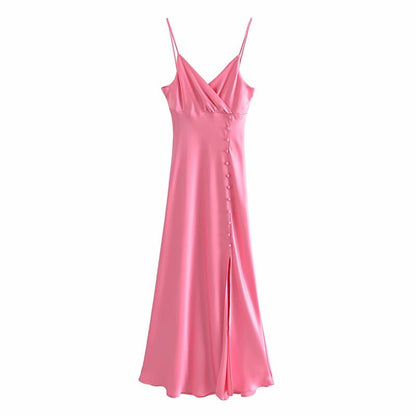 Silk Texture Suspenders Sexy Split Long Dress