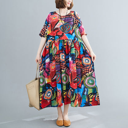Plus Size Cotton Silk Print Short Sleeve Age-reducing Dress