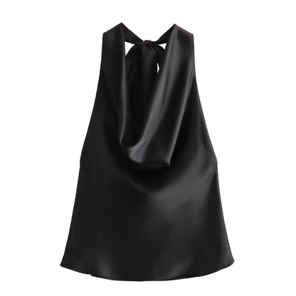 Women's Elegant Silk Satin Texture Hanging Collar Top