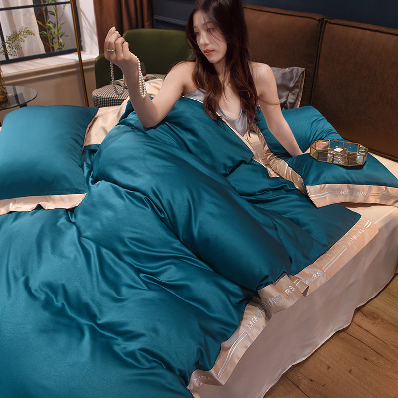 Temperament Light Gray Embroidery Ice Silk Four Piece Set