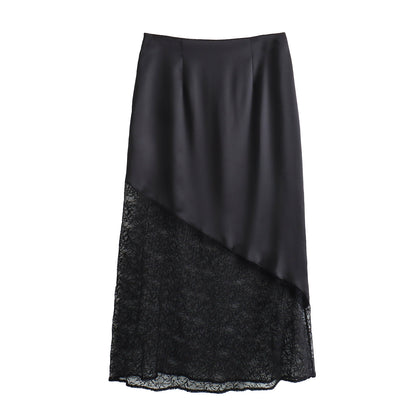 European And American Style Lace Stitching Silk Satin Texture Midi Dress