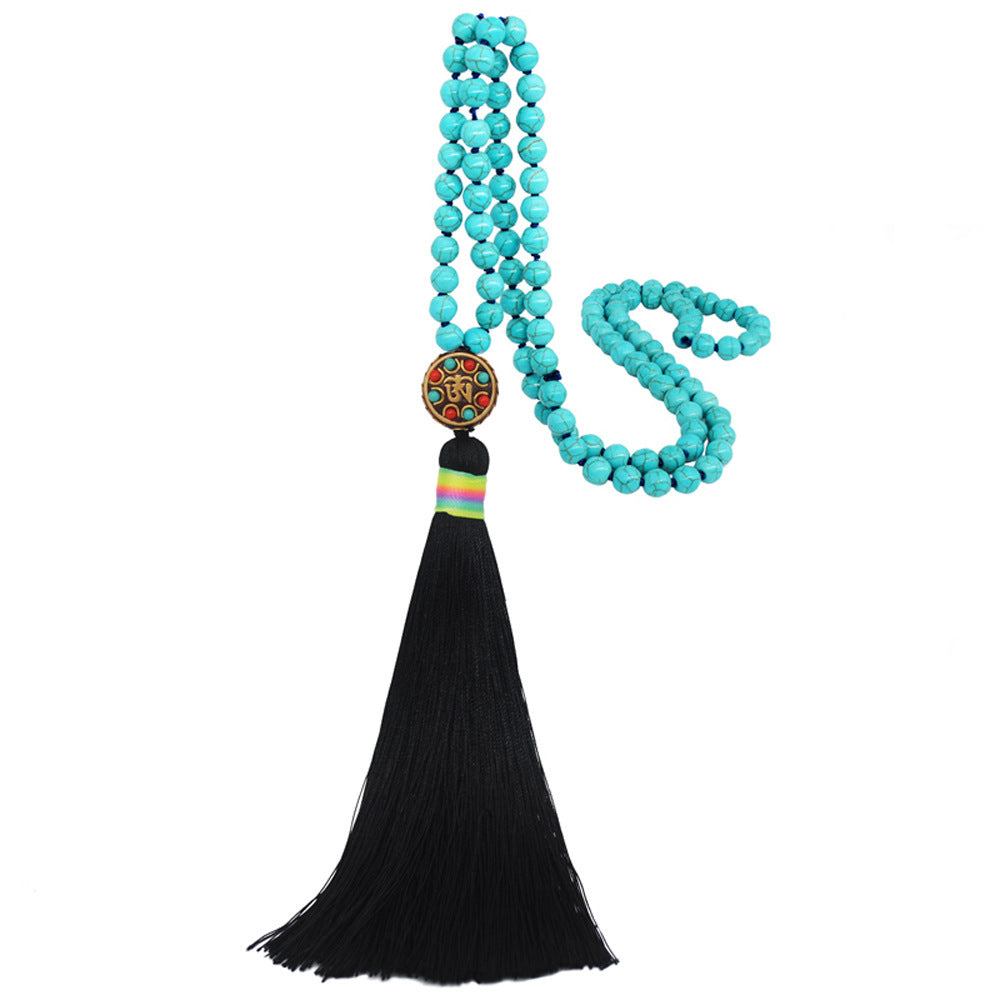 Bohemian Folk Art Antique Turquoise Silk Thread Tassel Necklace