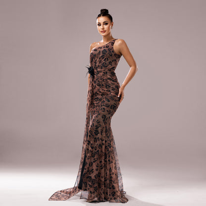 Celestia Noir – One-Shoulder Sequined Leopard Gown