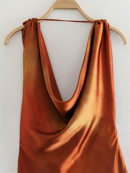 European And American Style Draped Collar Silk Satin Texture Printing Dress