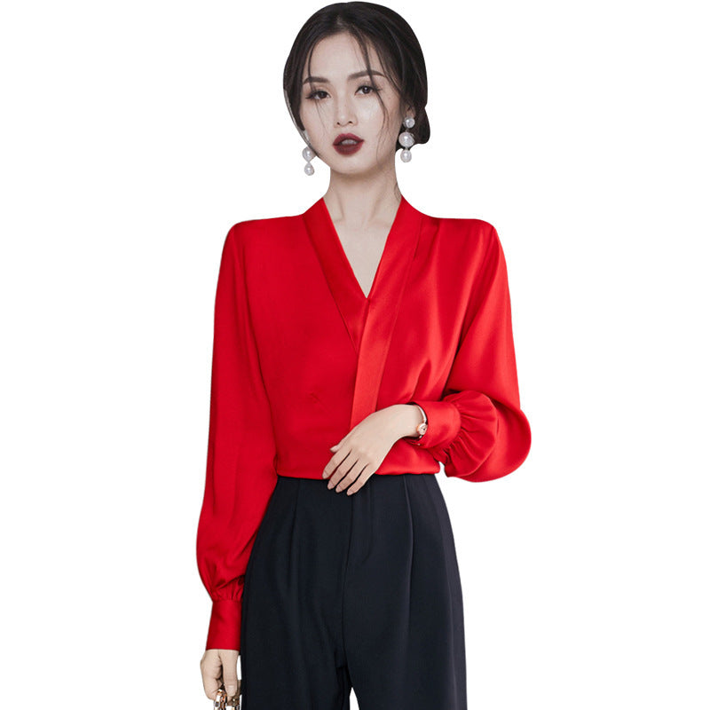 Satin Red V-neck Silk Shirt And Chiffon Top