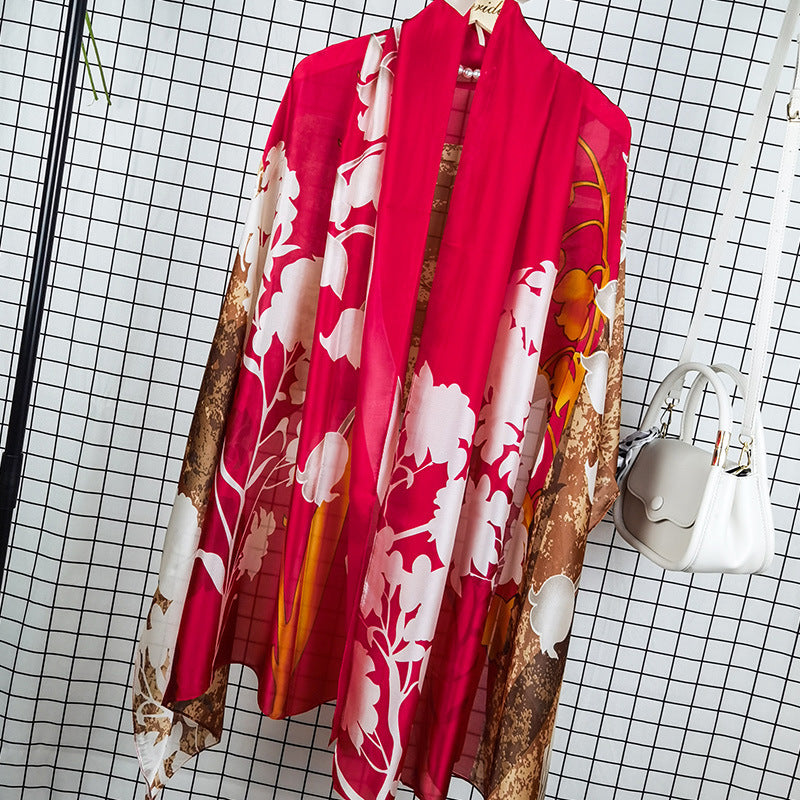 Outdoor All-match Printed Silk Scarf Women's Thin Silk Sunscreen And Breathable