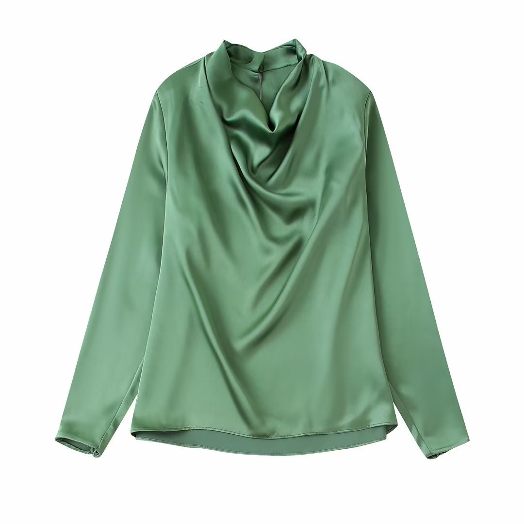 Women's Green Draped Neck Silk Satin Long Sleeve Shirt