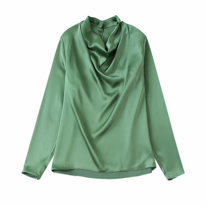 Women's Green Draped Neck Silk Satin Long Sleeve Shirt