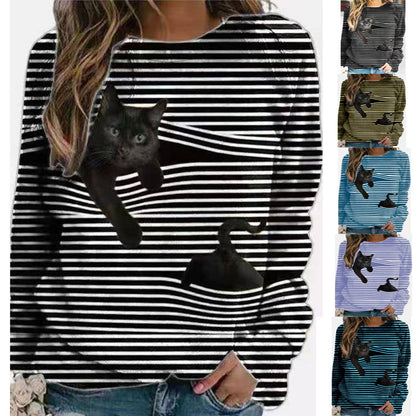 3D Cartoon Pattern Round Neck Stripe Long Sleeve T-shirt