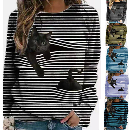 3D Cartoon Pattern Round Neck Stripe Long Sleeve T-shirt