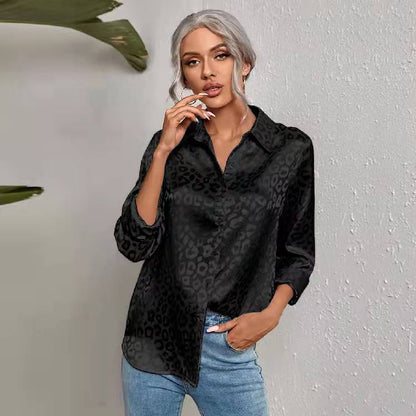Lapel Button Leopard Jacquard Faux Silk Shirt