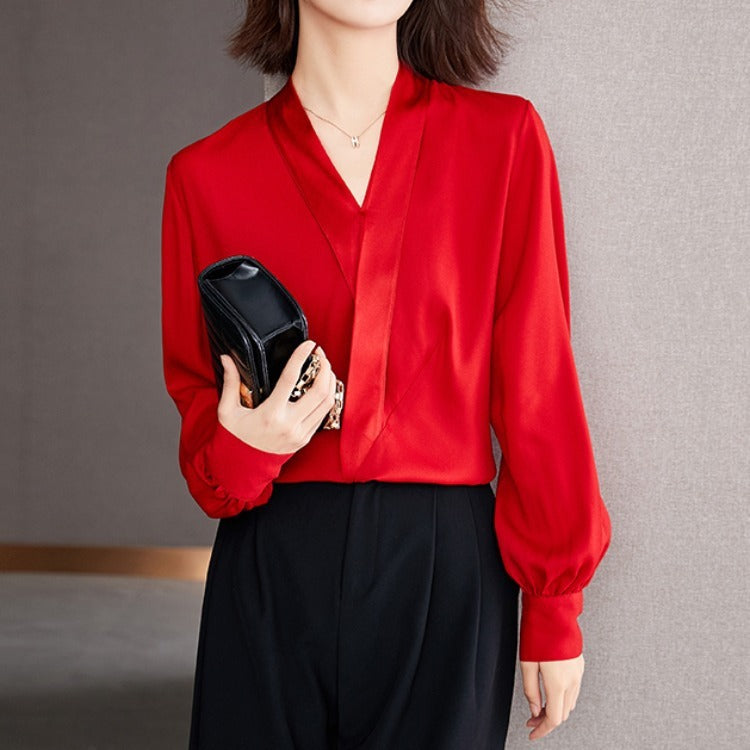 Satin Red V-neck Silk Shirt And Chiffon Top