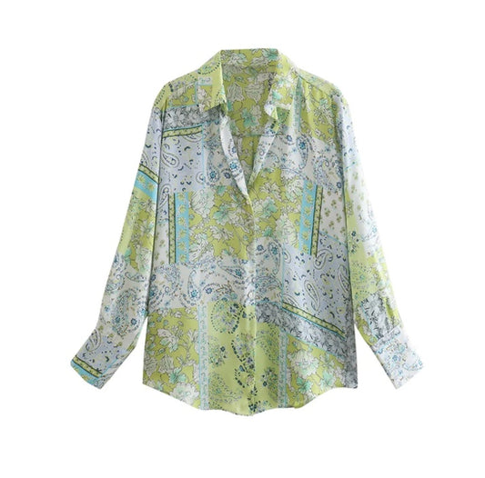 New Women's European And American Printed Silk Satin Texture Shirt