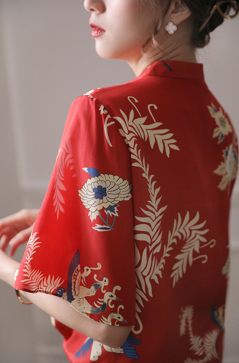 Chinese Style Women's Stand-up Collar Silk Shirt Women