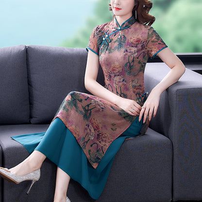 Chinese Style Graceful And Fashionable Slim-fit Silk-like Cheongsam Dress