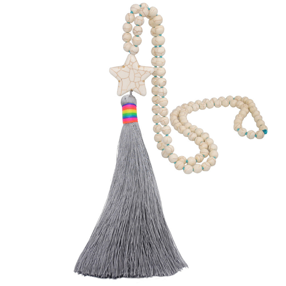 Bohemian Folk Art Antique Turquoise Silk Thread Tassel Necklace