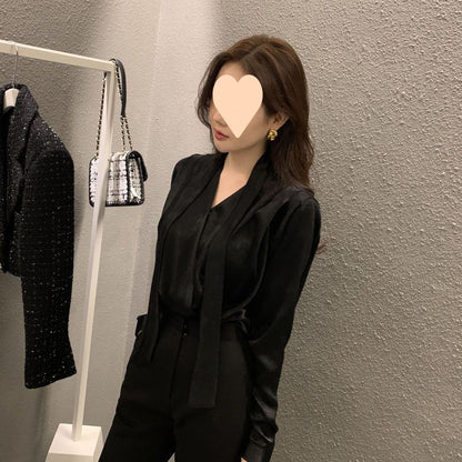 High-end Anti-wrinkle Lace-up Acetate Satin Shirt For Women