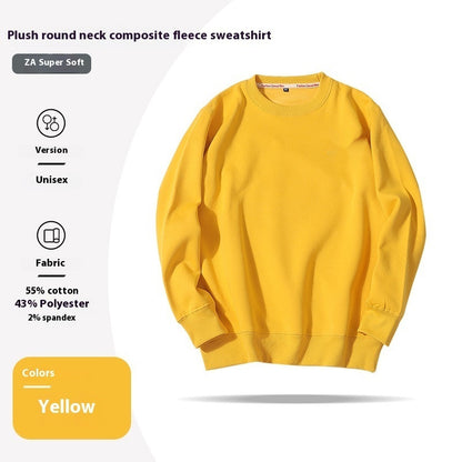 Yellow fleece sweatshirt with product details on a white background