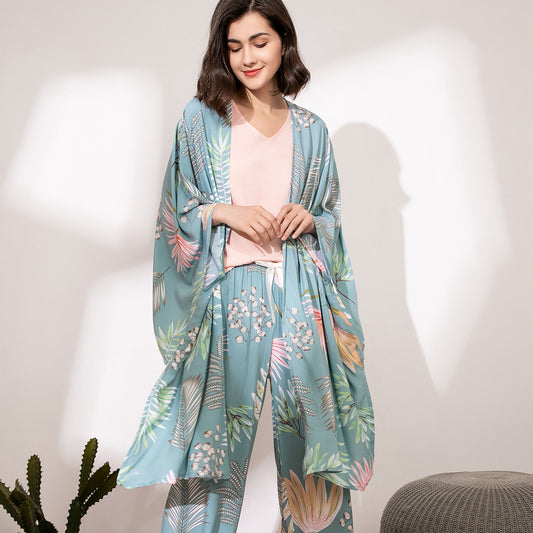 Cotton Silk Three-piece Pajamas Comfortable Long-sleeved Coveralls