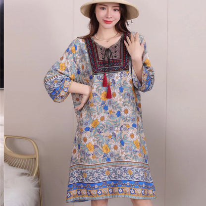 Cotton Silk Floral Dress Vintage Women's Clothing