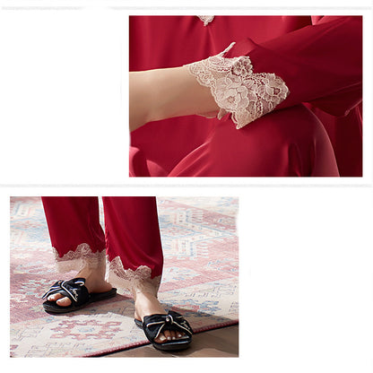 Faux Silk Long Sleeve Two Piece Pullover Lace Loungewear