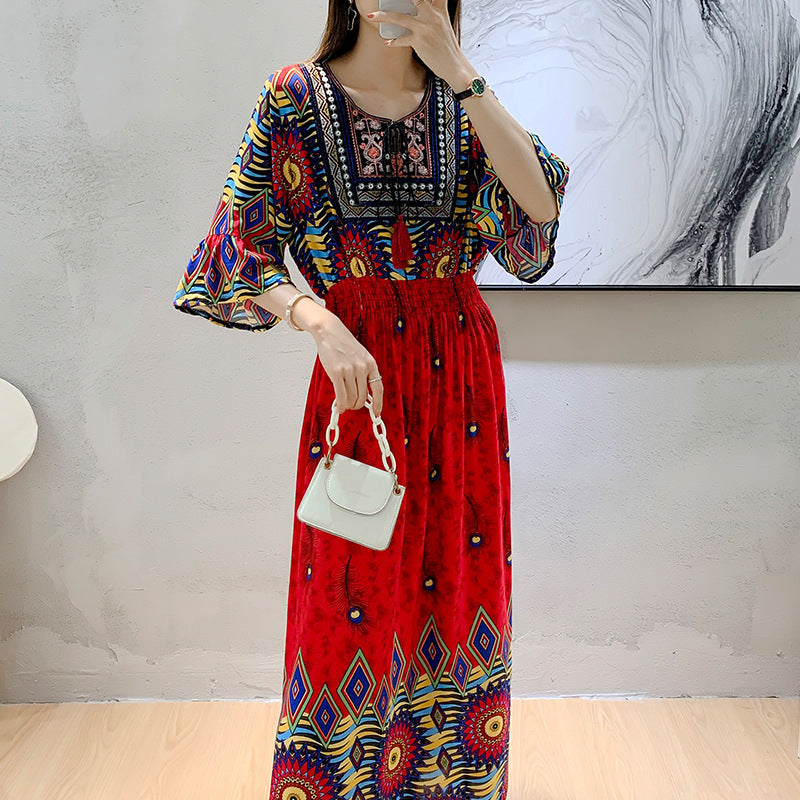 Skirt Crew Neck Ruffle Half Sleeve Cotton Silk Dress