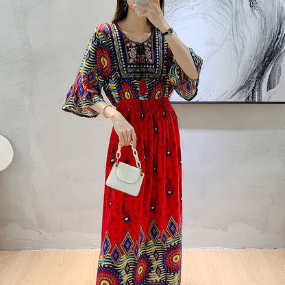 Skirt Crew Neck Ruffle Half Sleeve Cotton Silk Dress