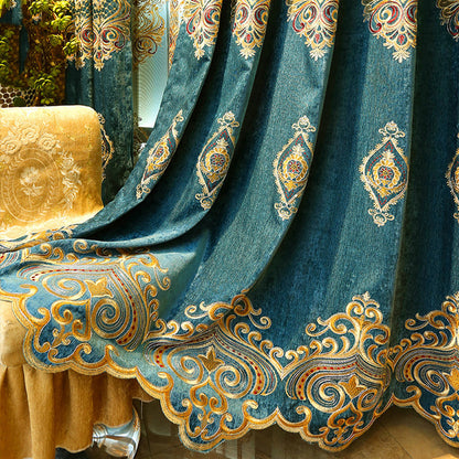 European Style Chenille Curtain Cloth Blackout Gold Silk Embroidery