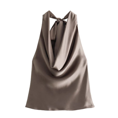 Women's Elegant Silk Satin Texture Hanging Collar Top