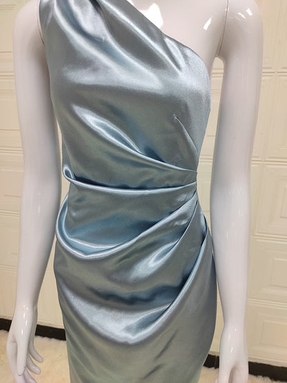 Sloping Shoulder Dress Women's Pleated Slit Satin High-end Dress