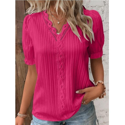 Summer New Vacation Fashion Hollow Short Sleeve Women's Shirt