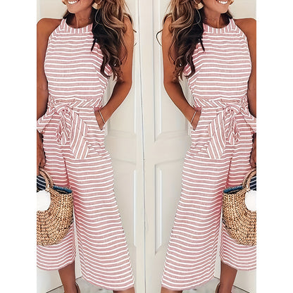 Womens Casual Striped Jumpsuits Summer Cap Sleeve Wide Leg Jumper Romper Button Down Travel Beach Outfits