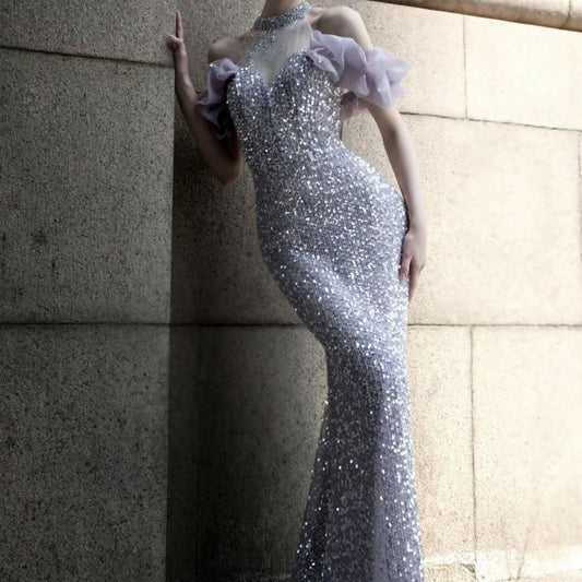 Celestial Muse – Beaded Fishtail Halter Gown