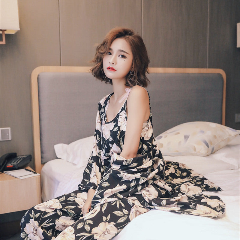 Cotton Silk Three-piece Pajamas Comfortable Long-sleeved Coveralls