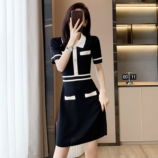 Classic Style Short Sleeve Slimming High Waist A- Line Ice Silk Dress