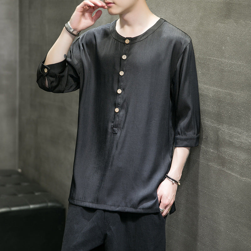 Ice Silk Shirt Men's Five-point Sleeves Plus Size